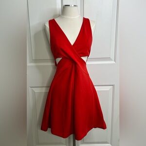 EXPRESS Fit And Flare Dress Womens 4 Red V Neck Side Cut Out Accents Valentine
